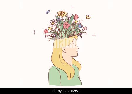Woman with blooming head concept. Young smiling blonde female cartoon character standing having blooming flower bouquet on head vector illustration  Stock Vector
