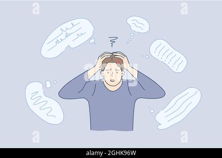 Stress, exhaustion, fullness of thoughts concept. Young stressed man cartoon character touching head feeling thinking having variety of thoughts vector illustration  Stock Vector