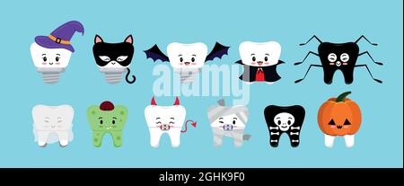Teeth in Halloween carnival costume vector dental icon set. Stock Vector