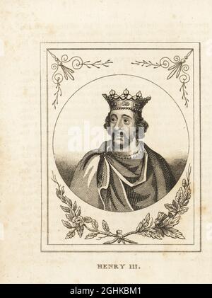 Portrait of King Henry III of England, Henry of Winchester, in crown, cape and brooch, 1207-1272. Copperplate engraving from M. A. Jones’ History of England from Julius Caesar to George IV, G. Virtue, 26 Ivy Lane, London, 1836.