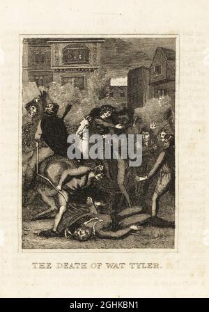 King Richard II addresses the rebels after the Lord Mayor of Longon, Sir William Walworth, had struck down rebel leader Wat Tyler with his mace, Smithfield Market, London, 1381. The death of Wat Tyler. Copperplate engraving from M. A. Jones’ History of England from Julius Caesar to George IV, G. Virtue, 26 Ivy Lane, London, 1836. Stock Photo