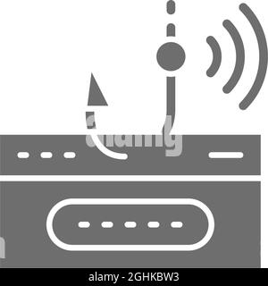 Account password and fishing hook, data phishing, hacking online scam grey icon. Stock Vector