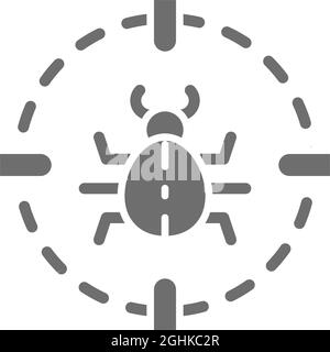 Bug in target sight, virus grey icon. Stock Vector