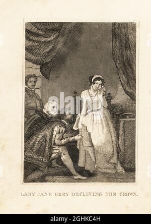 Lady Jane Grey, the Nine Days' Queen of England, 1553. Courtiers show King Edward VI's declaration. Lady Jane Grey declining the crown. Copperplate engraving from M. A. Jones’ History of England from Julius Caesar to George IV, G. Virtue, 26 Ivy Lane, London, 1836. Stock Photo