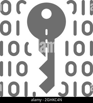 Private key, coding, cryptography, cyber security grey icon. Stock Vector