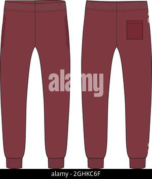 Fleece Red color fabric jogger sweatpants overall technical fashion flat sketch vector template front and back views isolated on white background. Stock Vector