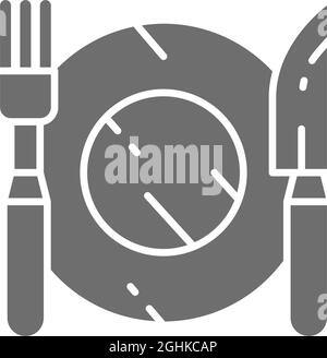 Cutlery, plate with fork and knife grey icon. Stock Vector