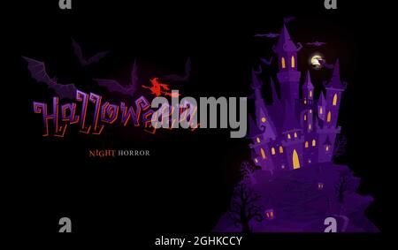 halloween banner celebration with typography design and castle graphic art and horror element concept isolated on black background Stock Vector