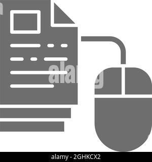 Computer mouse with pages, online education in one click, web library grey icon. Stock Vector