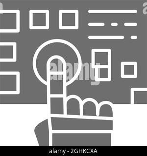 Robot arm presses on the button grey icon. Stock Vector