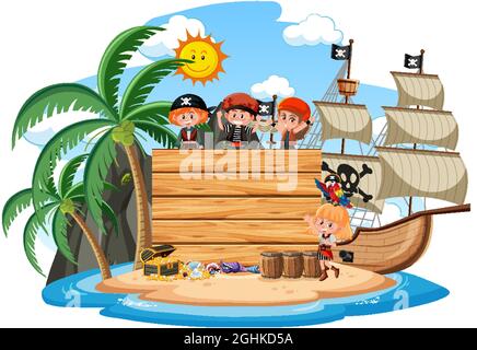 Pirate island with an empty banner isolated on white background illustration Stock Vector