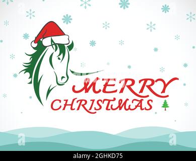 Vector merry christmas greeting card horse on whiet background. Easy editable layered vector illustration. Stock Vector