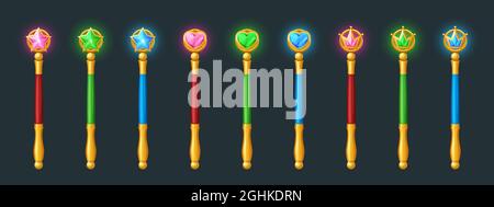 Magic wands, golden sticks with crystals in shape of star, heart and crown.. Vector cartoon set of wizard rods for magical tricks and spell, princess scepter isolated on dark background Stock Vector