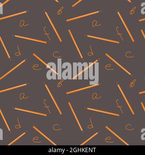 Seamless pattern with orange pencils and letters on gray background. Stock Photo