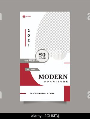 Creative idea modern furniture promotion design. Minimalist flat red white design vector with a photo collage. Usable for social media instagram story Stock Vector