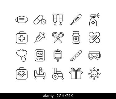 Medical icon set with black outline. Collection of icons for Covid-19, pandemic, and general biomedical uses Stock Vector