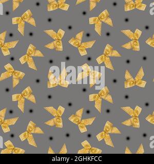 Seamless pattern with decorative yellow golden ribbon bow on grey background. Pattern for fabric print, wrapping paper design. New Year and Christmas Stock Photo