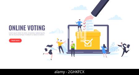 Online voting concept flat style design vector illustration. Tiny people with voting poll online survey working together. Concept of electronic voting Stock Vector