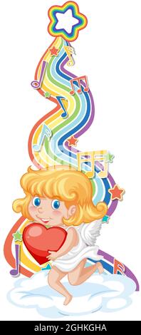 Cupid girl with melody symbols on rainbow wave illustration Stock ...