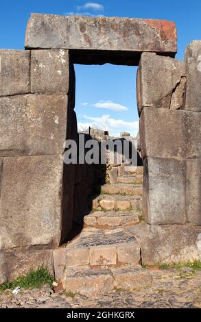 Stone door. View of Sacsayhuaman, Inca ruins in Cusco or Cuzco town, Peru Stock Photo