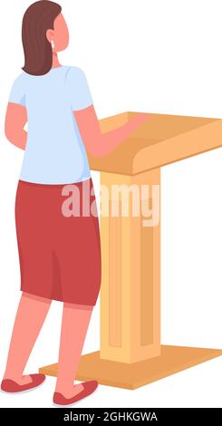 Female speaker behind podium semi flat color vector character Stock Vector