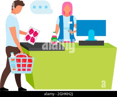 Cashier scanning customer products semi flat color vector characters Stock Vector