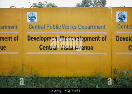 View of a signboard indicating the  redevelopment work going on at the Central Vista near India Gate Stock Photo