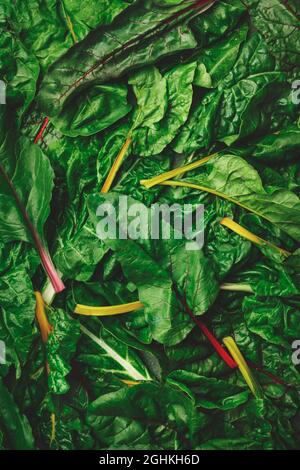 Rainbow swiss chard leaves on rusty background, raw green leaf vegetables, top view, copy space Stock Photo
