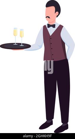 Waiter with sparkling wine on tray semi flat color vector character Stock Vector