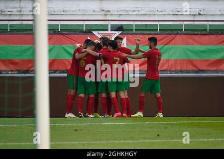 Lisbon, Portugal. 06th Sep, 2021. Portuguese players celebrate a goal during the UEFA U21 European Championship 2023 group D qualifying match between Portugal and Belarus at Estadio Jose Gomes, in Lisbon.(Final score: Portugal 1:0 Belarus) (Photo by Bruno de Carvalho/SOPA Images/Sipa USA) Credit: Sipa USA/Alamy Live News Stock Photo