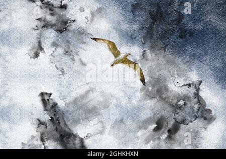 A seagull flies against a black thunderstorm sky. A lone bird rushing to duck from the onset of a sea storm. Digital watercolor painting. Stock Photo
