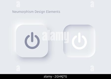 Editable neomorphism on off square shape power button set. Objects for website, mobile menu, navigation and application. Realistic vector design. UI c Stock Vector