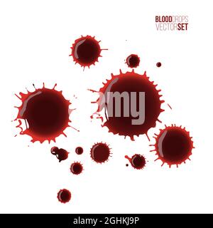 Blood drops set. Red splattered stains, splash, drip liquid spots vector illustration. Murder crime scene textures on white background. Horror bloody Stock Vector