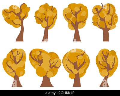 Autumn trees set isolated on white background. Collection of autumn trees, oaks, maples and chestnuts. Design of posters, banners and promotional mate Stock Vector