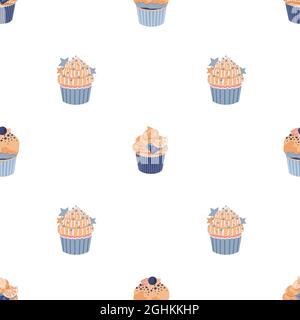 Blue cupcake. Seamless pattern with muffins. Cute childisn print in light pastel colors. Vector illustration with sweet dessert Stock Vector