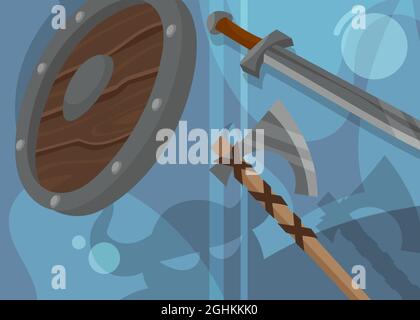 Viking banner with shield and weapons. Scandinavian placard design in cartoon style. Stock Vector