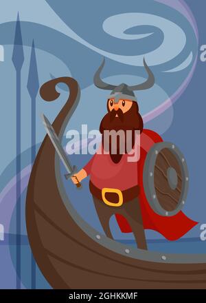 Viking poster with warrior on ship. Scandinavian placard design in cartoon style. Stock Vector