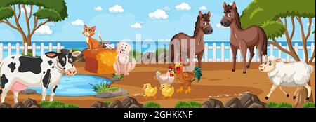 Panorama landscape scene with various farm animals in the forest ...