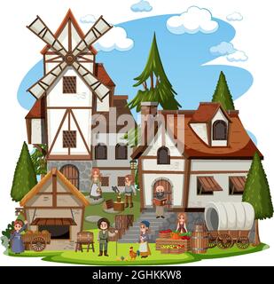 Medieval village with villagers on white background illustration Stock Vector