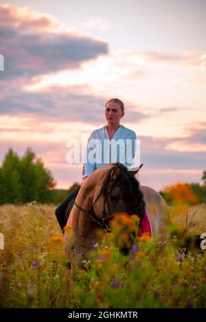 A girl in a white shirt rides a horse on a field. Stock Photo