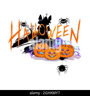 Halloween illustration with cute Pumpkins, spiders and sinister castle on a white background. Cartoon style. Stock Vector