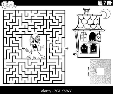 Black and white cartoon illustration of educational maze puzzle game with ghost and haunted house characters coloring book page Stock Vector