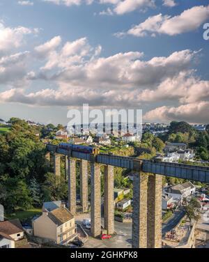 Train going from Cornwall on Royal Albert Bridge designed by Brunel to Plymouth, Devon, England, UK Stock Photo