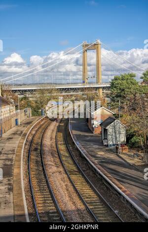Tamar Bridge with railway in Plymouth, Devon, England, UK Stock Photo