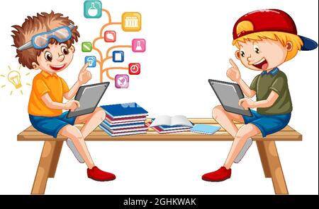 Boys online learning from tablet illustration Stock Vector