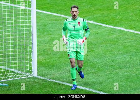 Goalkeeper Etrit Berisha of Albania in action during the FIFA World Cup 2022 Qatar qualifying match between Poland and Albania at PGE Narodowy Stadium. (Final score; Poland 4:1 Albania) Stock Photo