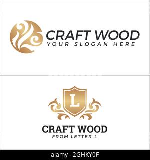 Home furnishing craft wood ornament shield luxury logo design Stock Vector