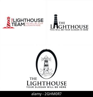 Lighthouse water splash sea building logo design Stock Vector