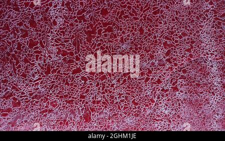 Cracked ice on a red metal surface as background. Selective focus. Stock Photo