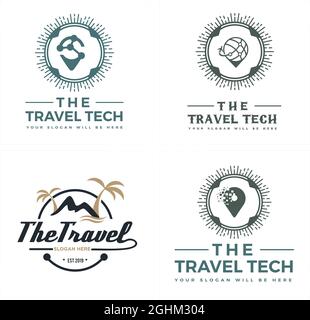 Travel tech pin plane mountain holiday logo design Stock Vector